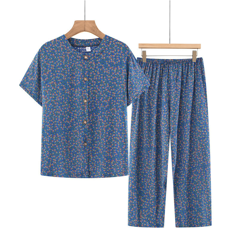 Middle-aged and elderly mothers short sleeve suit (XL-4XL light blue floral) [Please contact customer service to confirm the shipping size after placing an order]