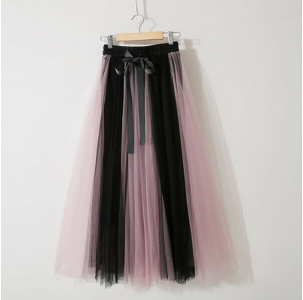 Contrasting mesh lace skirt (leather pink + black two-tone panels - one-size-fits-all tight waist)