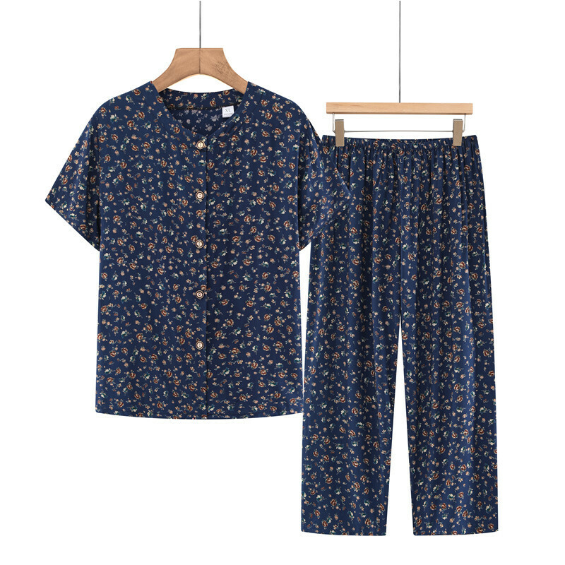 Middle-aged and elderly mothers short sleeve suit (XL-4XL dark blue floral) [After placing an order, please contact customer service to confirm the shipping size]