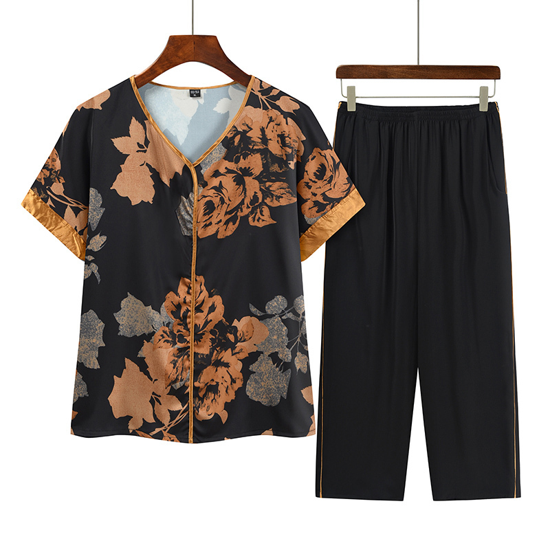 Middle-aged and elderly mothers short sleeve set (XL-4XL coffee color) [After placing an order, please contact customer service to confirm the shipping size]