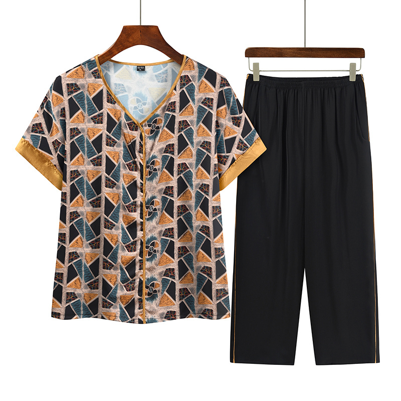 Middle-aged and elderly mothers short sleeve set (XL-4XL orange) [After placing an order, please contact customer service to confirm the shipping size]