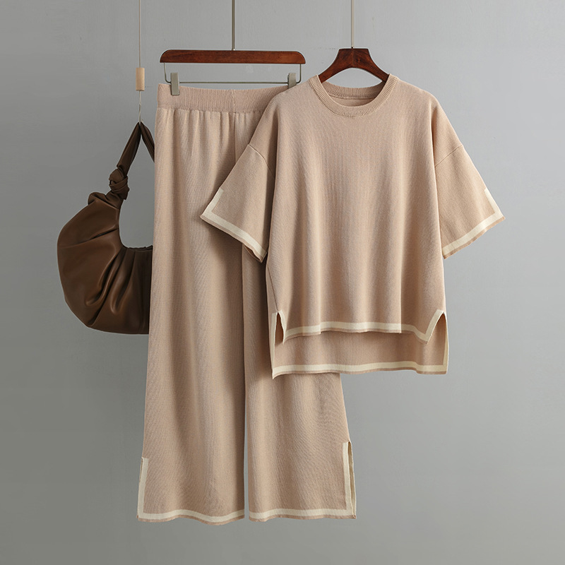 Temperament slit short sleeve knit suit (one-size-fits-all top + pants khaki)