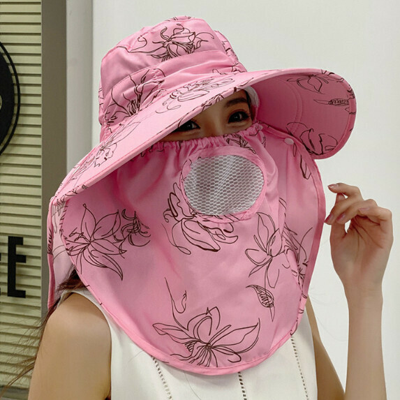 Hot selling large brim sun protection face protection tea hat for women (pink)