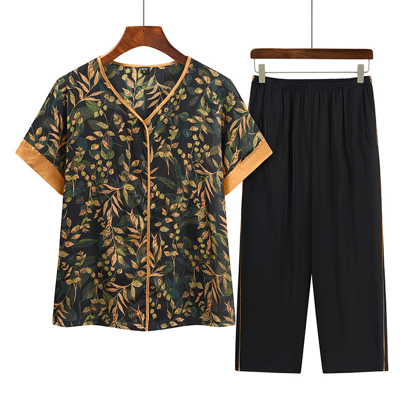 Middle-aged and elderly mothers short sleeve set (XL-4XL size green) [After placing an order, please contact customer service to confirm the shipping size]