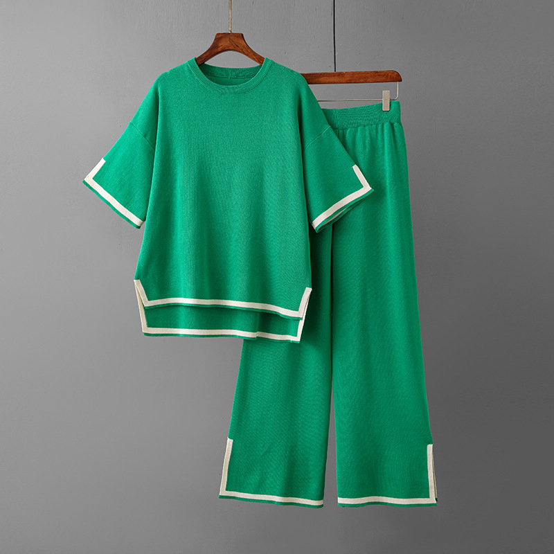 Temperament slit short-sleeved knit suit (one-size-fits-all top + pants green)