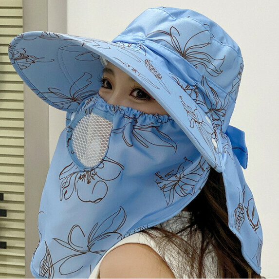 Hot selling large brim sun protection face protection tea hat for women (haze blue)