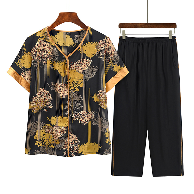 Middle-aged and elderly mom short sleeve set (XL-4XL size yellow) [After placing an order, please contact customer service to confirm the shipping size]