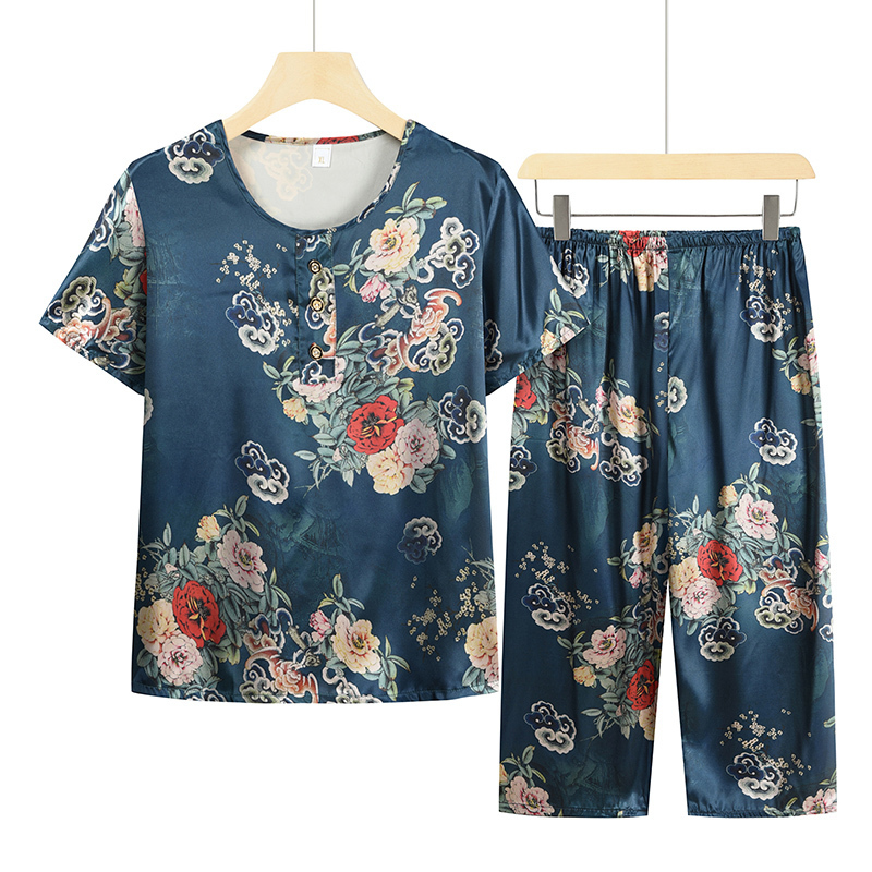 Middle-aged and elderly mothers short sleeve set (XL-4XL dark blue) [After placing an order, please contact customer service to confirm the shipping size]