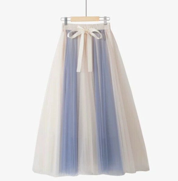 Contrasting mesh lace skirt (apricot + blue two-tone panels - one-size-fits-all waist tight)