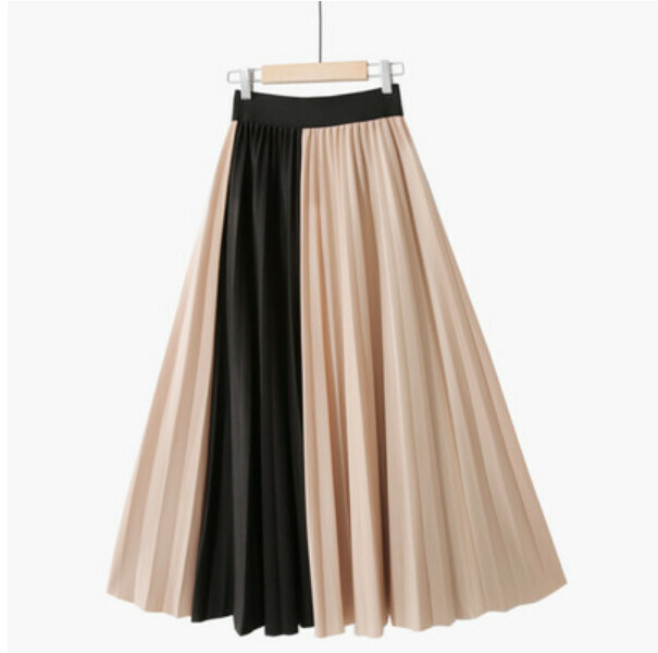Contrasting stitching pressed pleated skirt (apricot + black [pleated H double] 6088-one size Song tight waist)