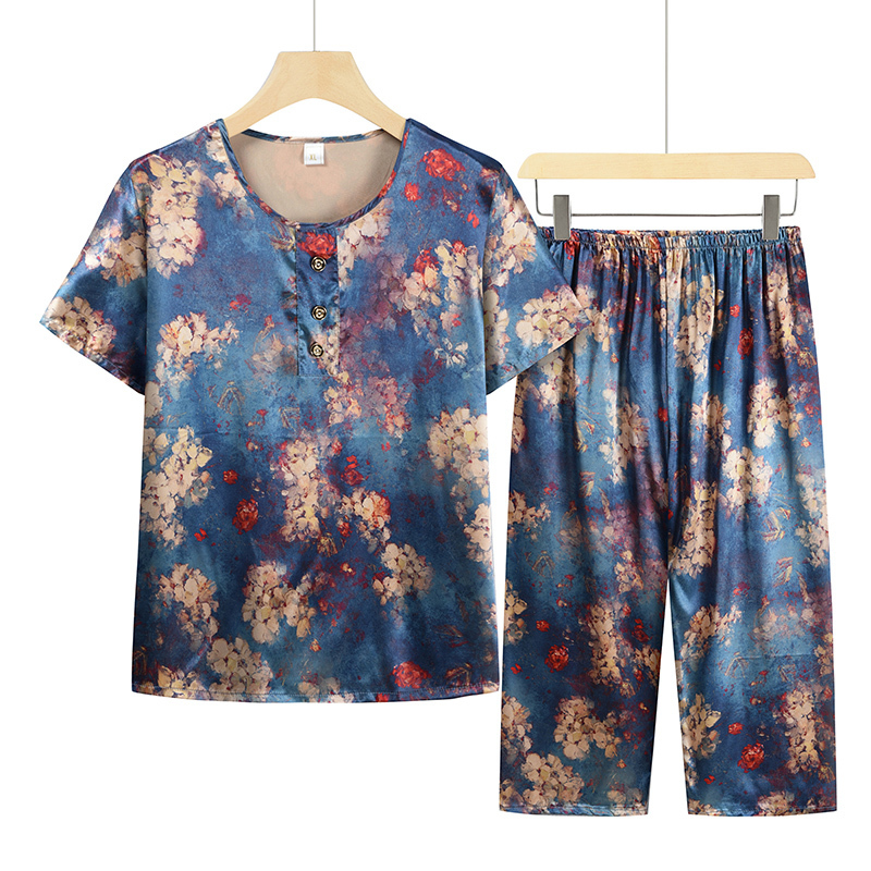 Middle-aged and elderly mom short-sleeved set (XL-4XL sky blue) [After placing an order, please contact customer service to confirm the shipping size]