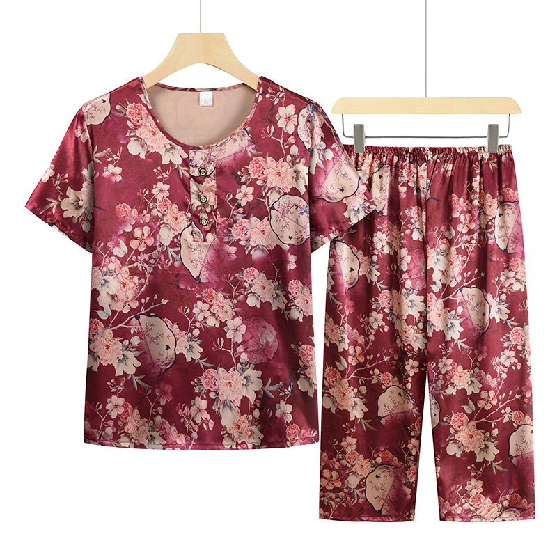 Middle-aged and elderly mother's short-sleeved suit (XL-4XL jujube red) [After placing an order, please contact customer service to confirm the shipping size]