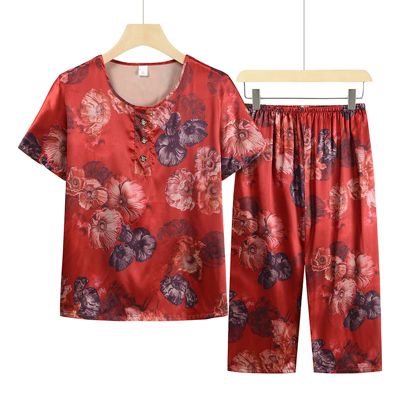 Middle-aged and elderly mothers short sleeve set (XL-4XL bright orange) [After placing an order, please contact customer service to confirm the shipping size]