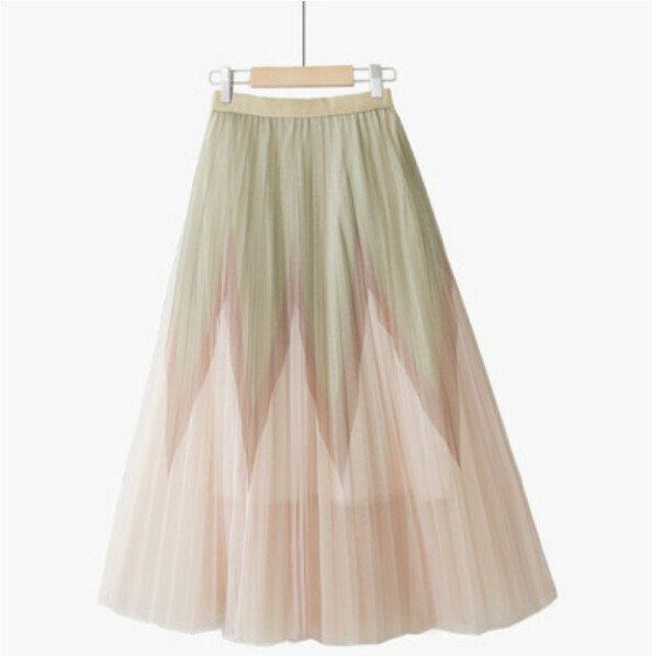 Printed contrasting pleated skirt [bean green waist / card strip spelling apricot bottom - one-size elastic waist]