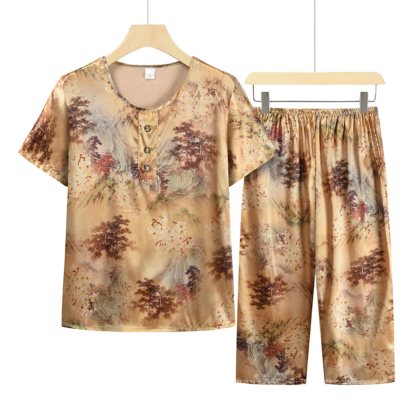 Middle-aged and elderly mom short-sleeved suit (XL-4XL golden yellow) [After placing an order, please contact customer service to confirm the shipping size]