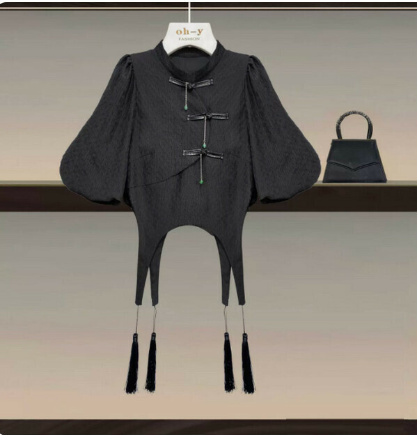 Fashionable Chinese cheongsam top#Single piece (black) (M-4XL) (Contact customer service to confirm size after placing an order) 