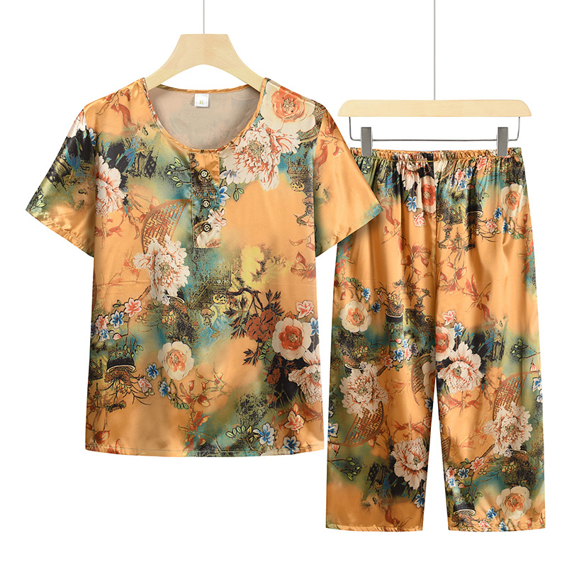 Middle-aged and elderly mom short-sleeved suit (XL-4XL yellow-green) [After placing an order, please contact customer service to confirm the shipping size]