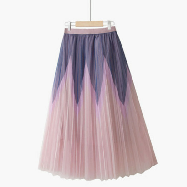 Printed contrasting pleated skirt [leather pink waist/blue gray patch foundation-one-size elastic waist]