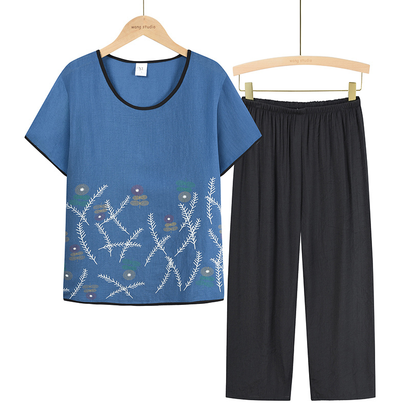 Middle-aged and elderly mom short-sleeved set (XL-4XL blue) [Please contact customer service to confirm the shipping size after placing an order]