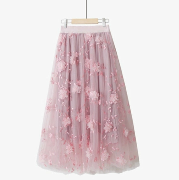 Embroidered three-dimensional flower skirt [pink-one-size elastic waist]