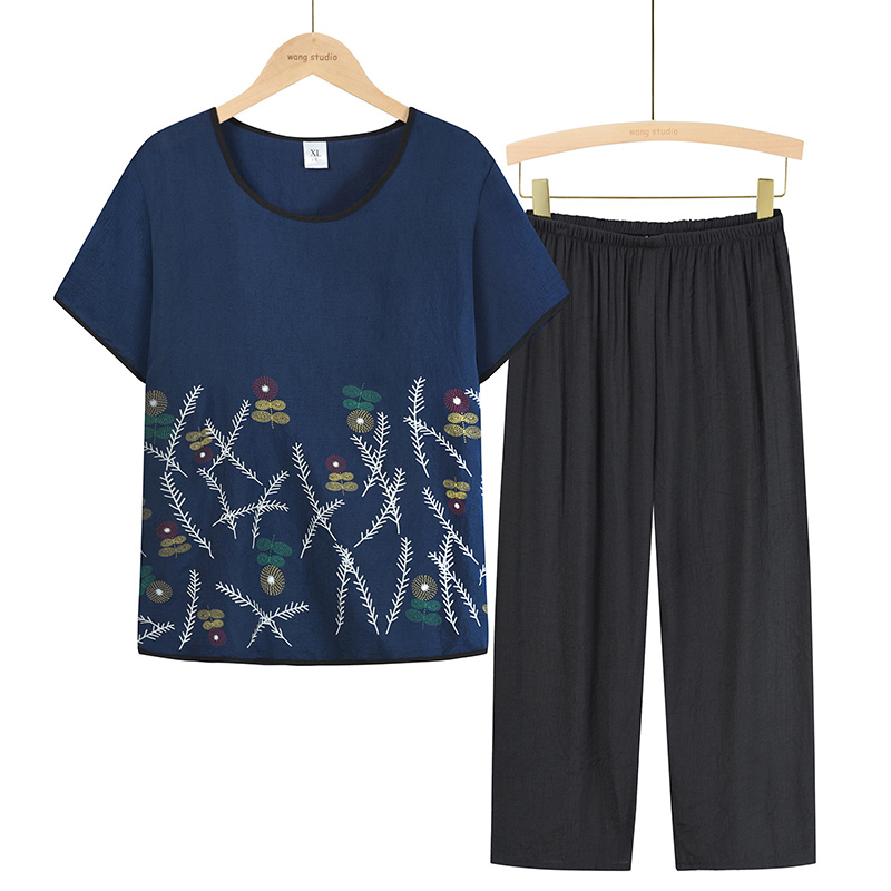 Middle-aged and elderly mom short sleeve suit (XL-4XL navy blue) [Please contact customer service to confirm the shipping size after placing an order]