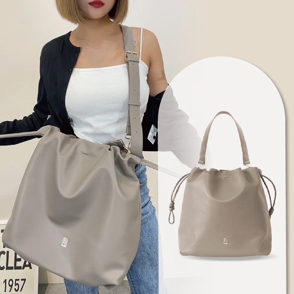 束口皮革慵懶包(大)-沙色