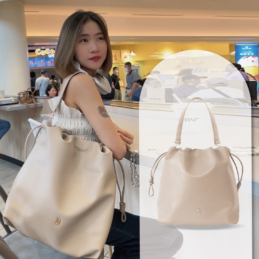 束口皮革慵懶包(大)-奶茶色