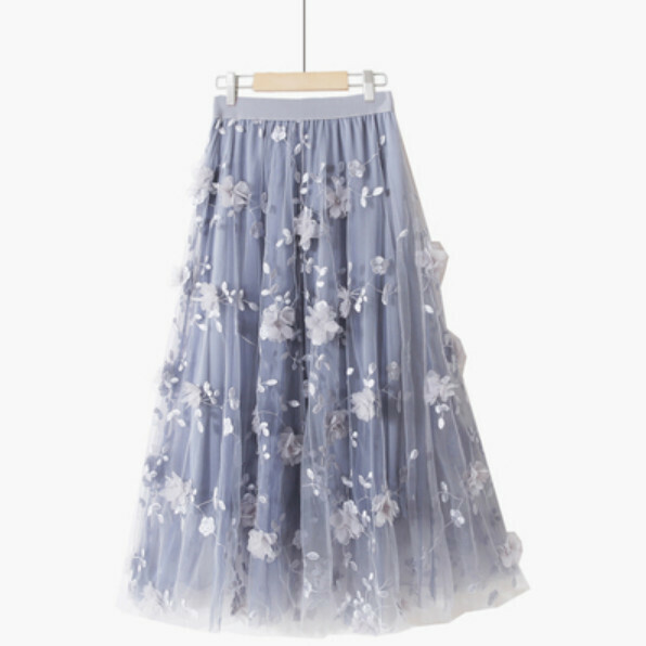 Embroidered three-dimensional flower skirt [gray-blue-one-size elastic waist]