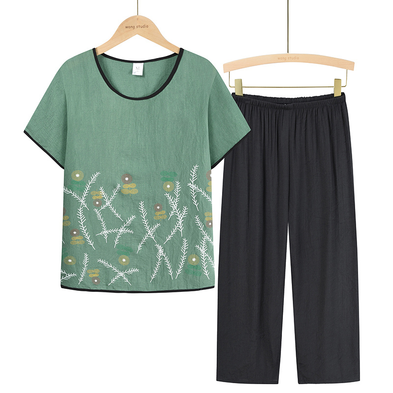 Middle-aged and elderly mothers short sleeve set (XL-4XL size green) [After placing an order, please contact customer service to confirm the shipping size]