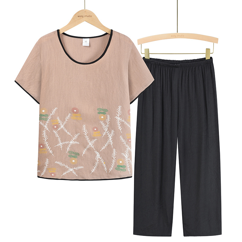 Middle-aged and elderly mom short-sleeved set (XL-4XL apricot color) [After placing an order, please contact customer service to confirm the shipping size]