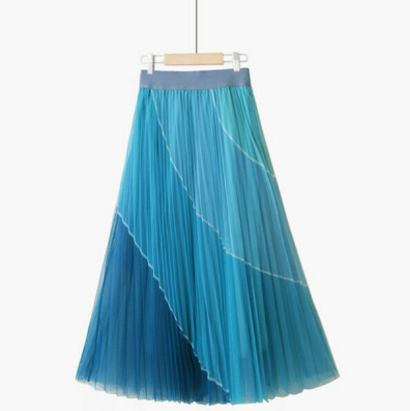 Pleated contrasting lace skirt [blue blue four-color/contrast-one-size-fits-all elastic waist]