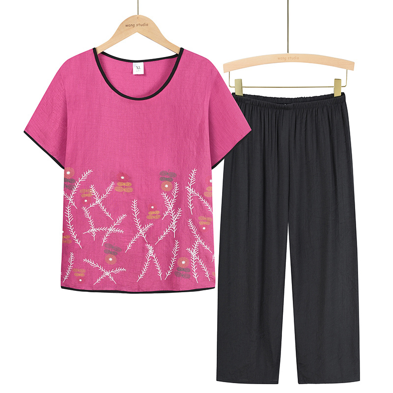 Middle-aged and elderly mothers short sleeve set (XL-4XL size fuchsia) [After placing an order, please contact customer service to confirm the shipping size]