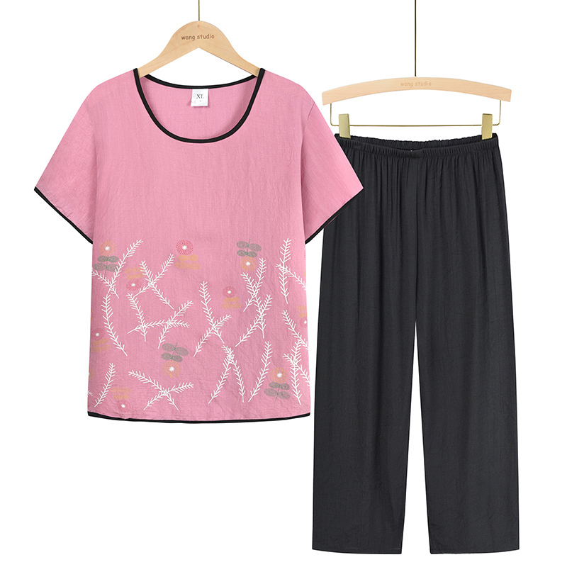 Middle-aged and elderly mom short-sleeved suit (XL-4XL pink) [After placing an order, please contact customer service to confirm the shipping size]