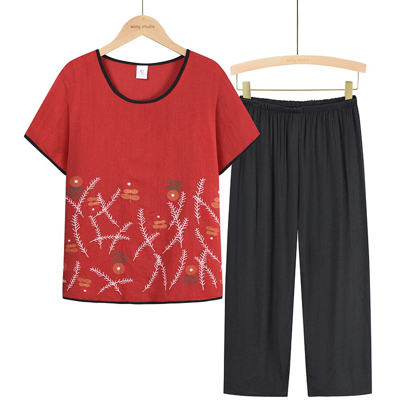 Middle-aged and elderly mothers short sleeve set (XL-4XL brick red) [After placing an order, please contact customer service to confirm the shipping size]