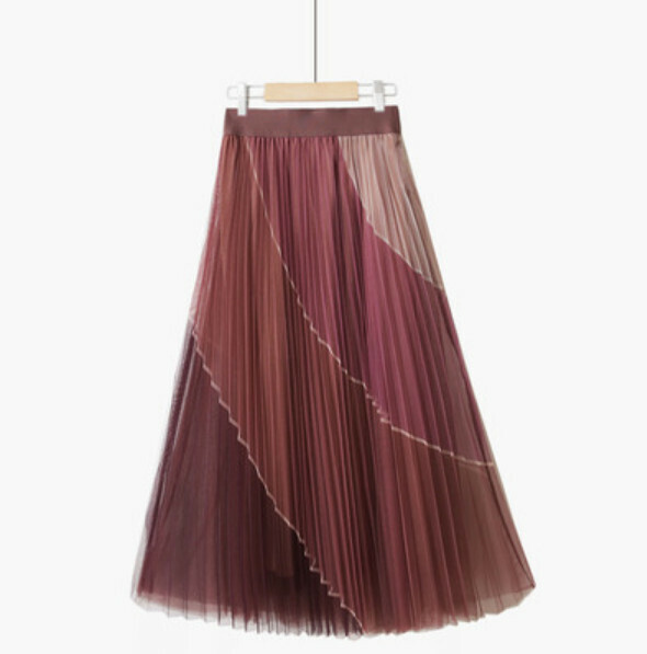 Pleated contrasting lace skirt [tea red four-color/contrast-one-size elastic waist]