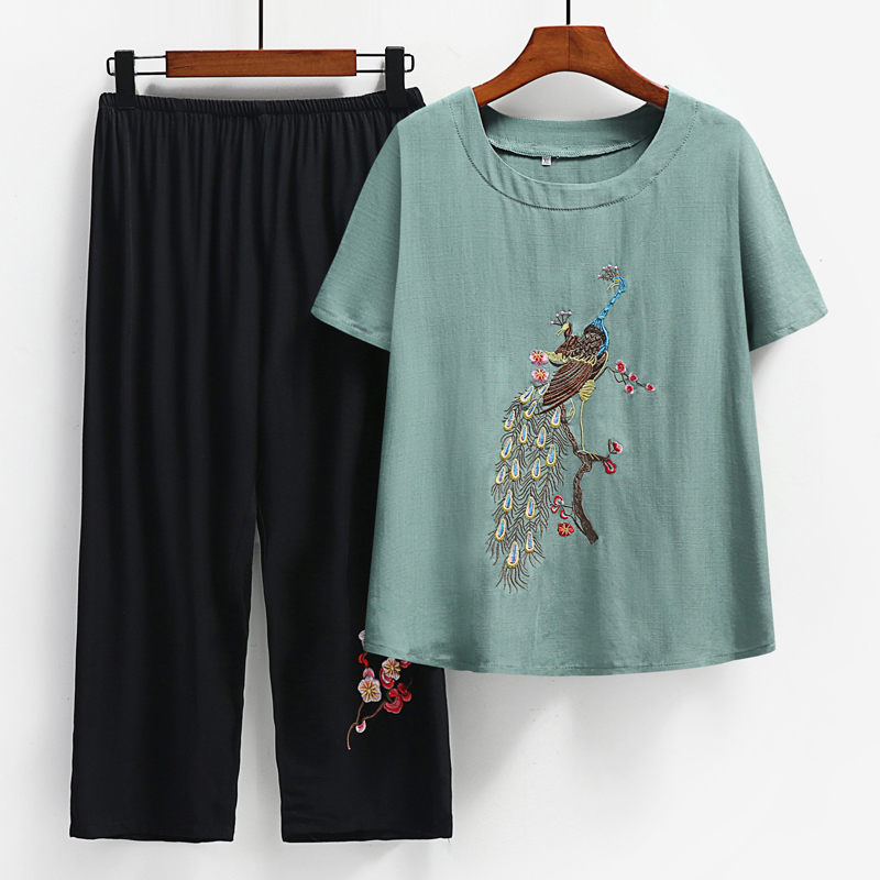 Middle-aged and elderly mothers short sleeve set (XL-4XL size green) [After placing an order, please contact customer service to confirm the shipping size]