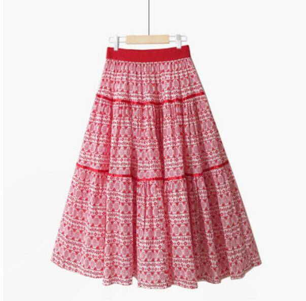 Cotton and linen ethnic style skirt [red/cotton/triangle ripple-one size elastic waist]