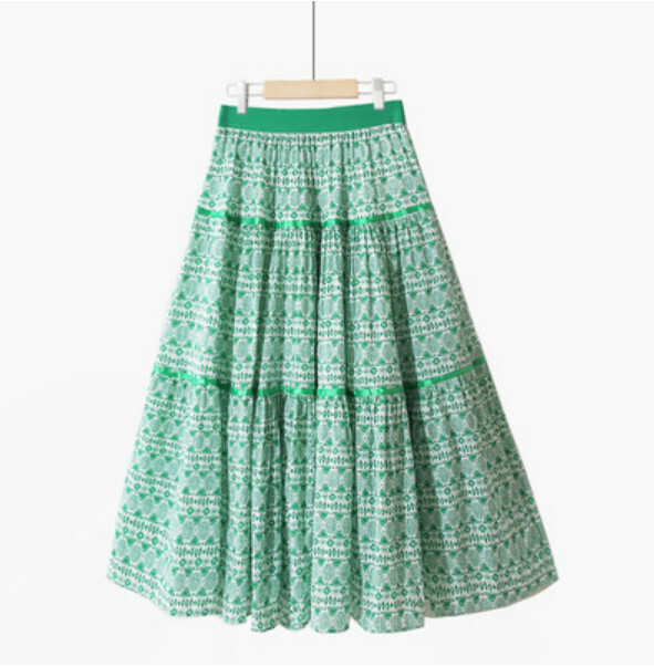 Cotton and linen ethnic style skirt [green/cotton/triangle ripple-one-size elastic waist]