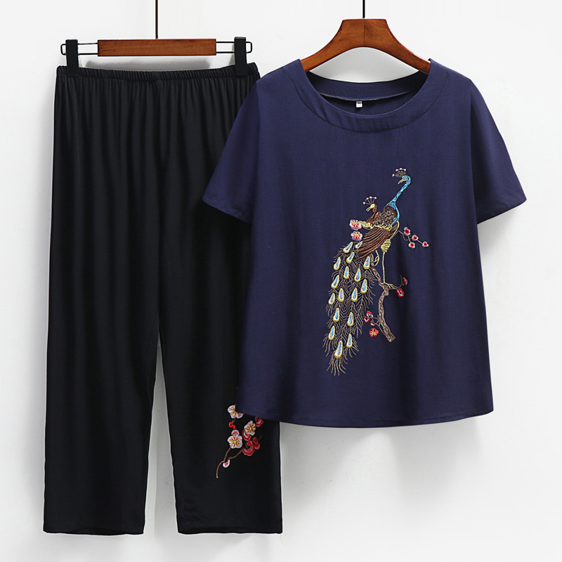 Middle-aged and elderly mother's short-sleeved suit (XL-4XL navy blue) [After placing an order, please contact customer service to confirm the shipping size]