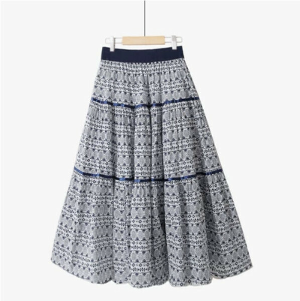 Cotton and linen ethnic style skirt [navy/cotton/triangle ripple-one-size elastic waist]