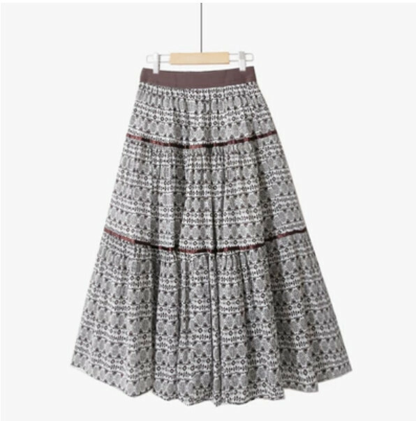 Cotton and linen ethnic style skirt [coffee / cotton / triangle ripple - one size elastic waist]