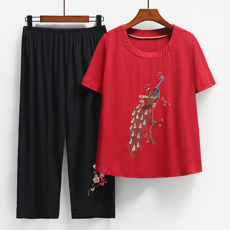 Middle-aged and elderly mom short-sleeved set (XL-4XL burgundy) [After placing an order, please contact customer service to confirm the shipping size]