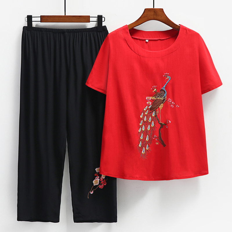 Middle-aged and elderly mom short sleeve suit (XL-4XL size bright red) [After placing an order, please contact customer service to confirm the shipping size]