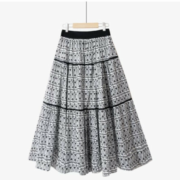 Cotton and linen ethnic style skirt [black/cotton/triangle ripple-one-size elastic waist]
