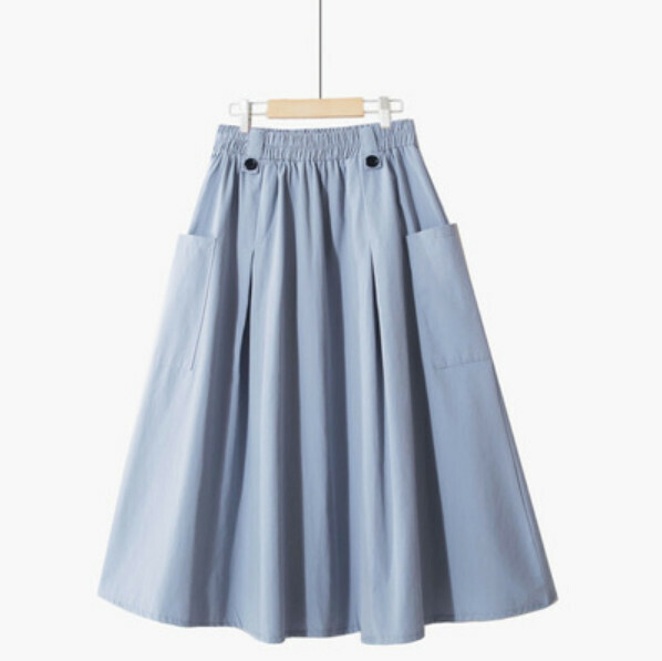 Preppy style large pocket skirt [retro blue-one-size elastic waist]