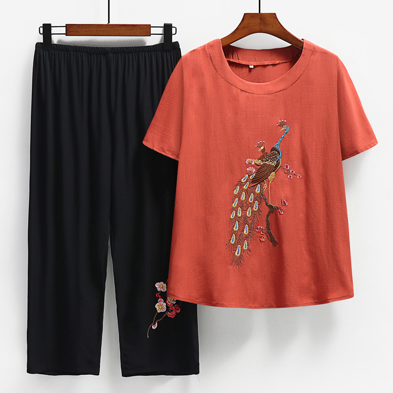 Middle-aged and elderly mothers short sleeve set (XL-4XL orange) [After placing an order, please contact customer service to confirm the shipping size]