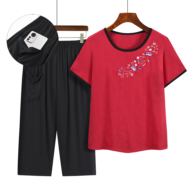Middle-aged and elderly mom short-sleeved suit (XL-4XL size red) [After placing an order, please contact customer service to confirm the shipping size]