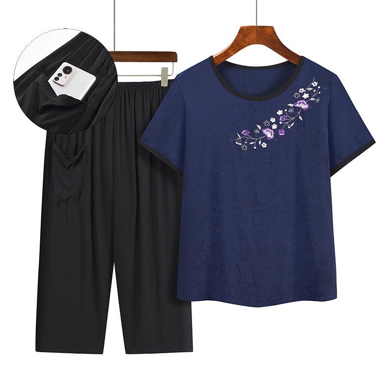 Middle-aged and elderly mother's short-sleeved suit (XL-4XL navy blue) [After placing an order, please contact customer service to confirm the shipping size]
