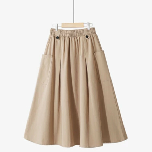 College style large pocket skirt [apricot-one-size elastic waist]