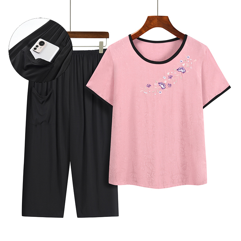 Middle-aged and elderly mom short-sleeved suit (XL-4XL pink) [After placing an order, please contact customer service to confirm the shipping size]